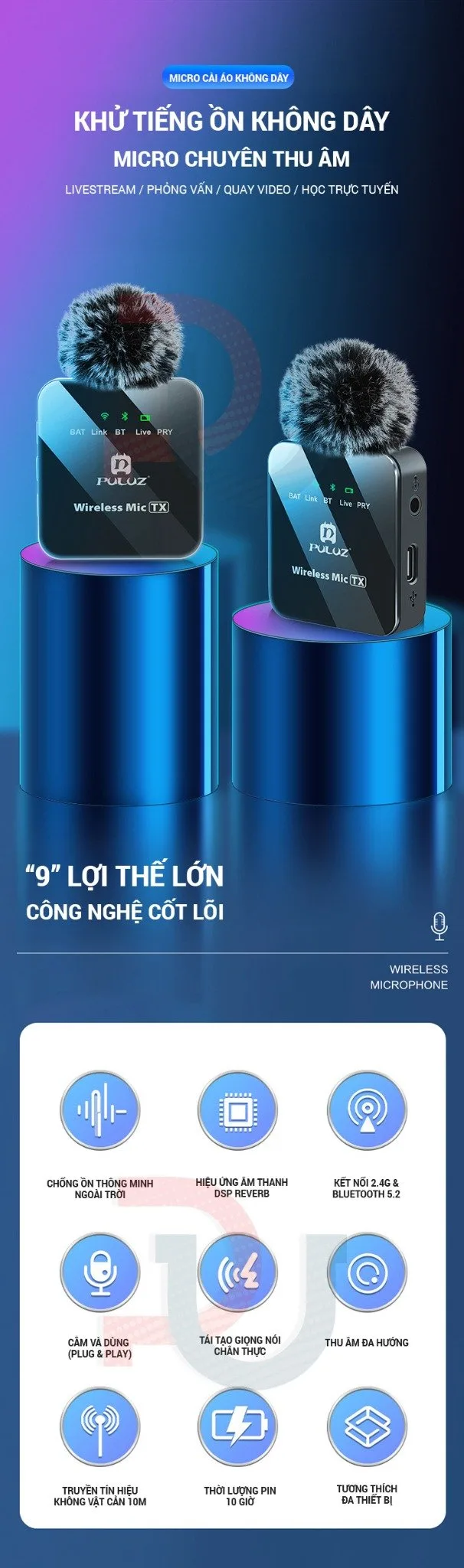 Micro cài áo PULUZ (1 RX + 2 TX) Micro cài áo không dây đa năng