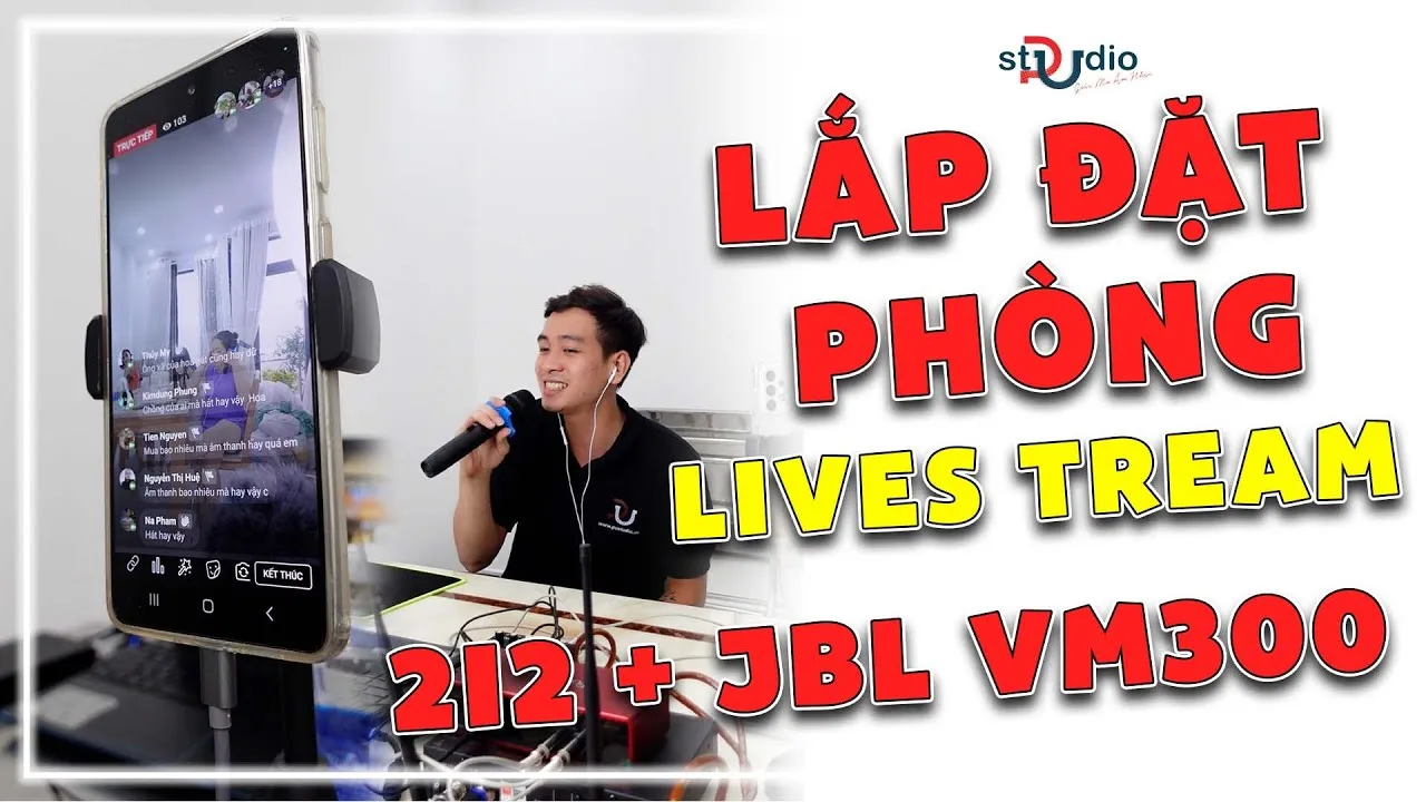 Lắp đặt âm thanh livestream bán hàng Focusrite 2i2 Micro không dây JBL VM300 AUTOTUNE