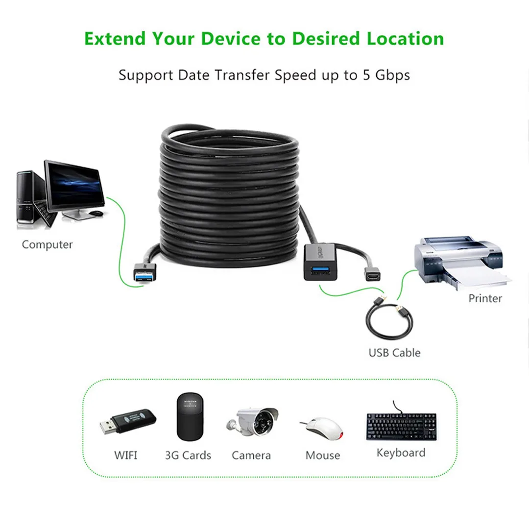 Cáp USB 3.0 nối dài 10m Ugreen 20827 chất lượng cao với hỗ trợ nguồn Micro USB