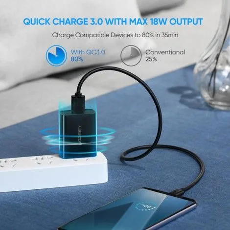 Sạc USB 1 cổng QC 3.0 18W màu đen chuẩn cắm US Ugreen (60495)