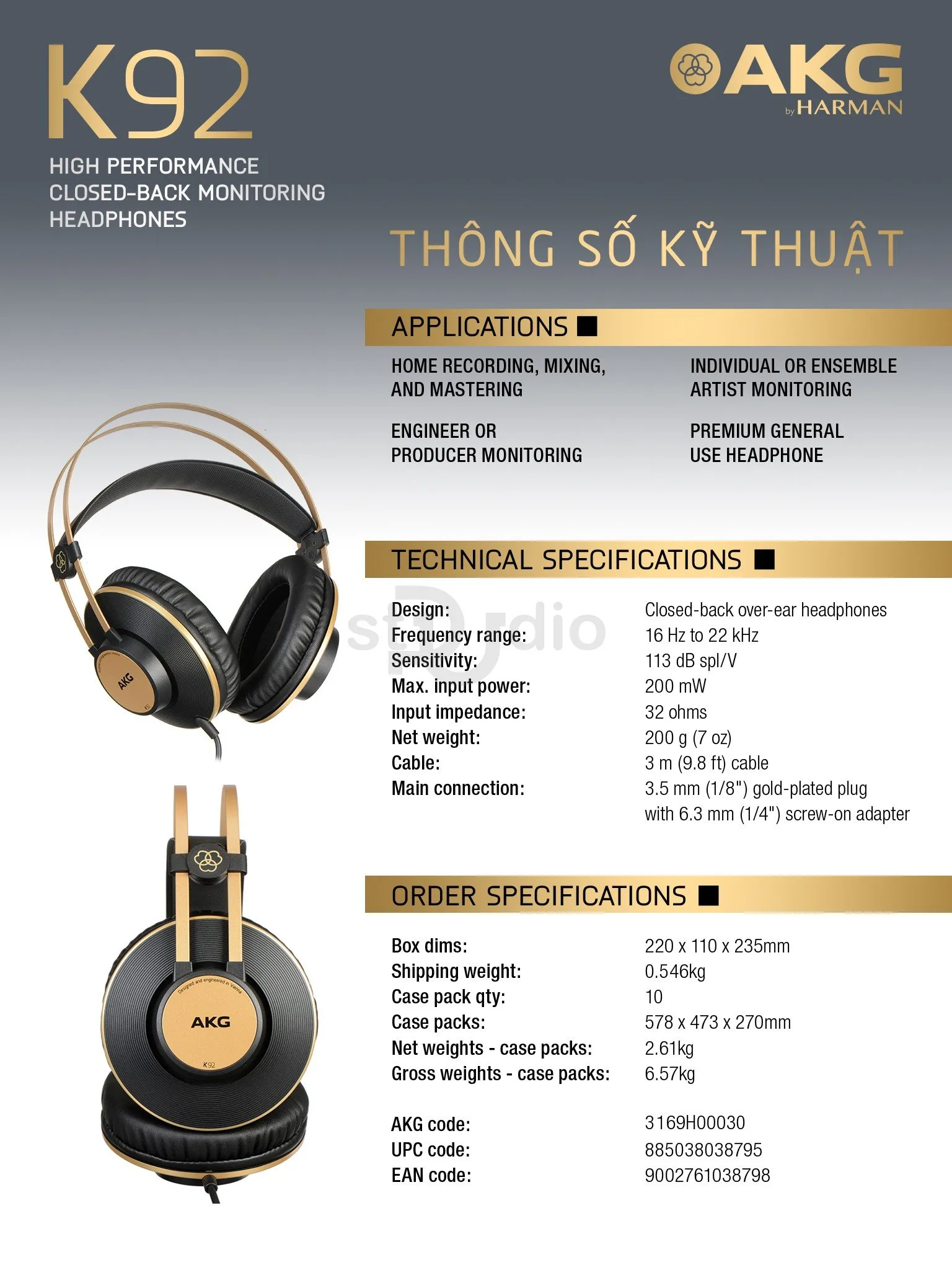 Tai nghe kiểm âm AKG K92, Headphone Studio