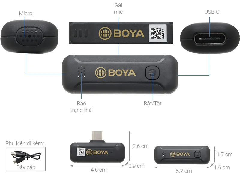 Micro cài áo không dây BOYA BY-WM3T2-U, Cổng Type-C