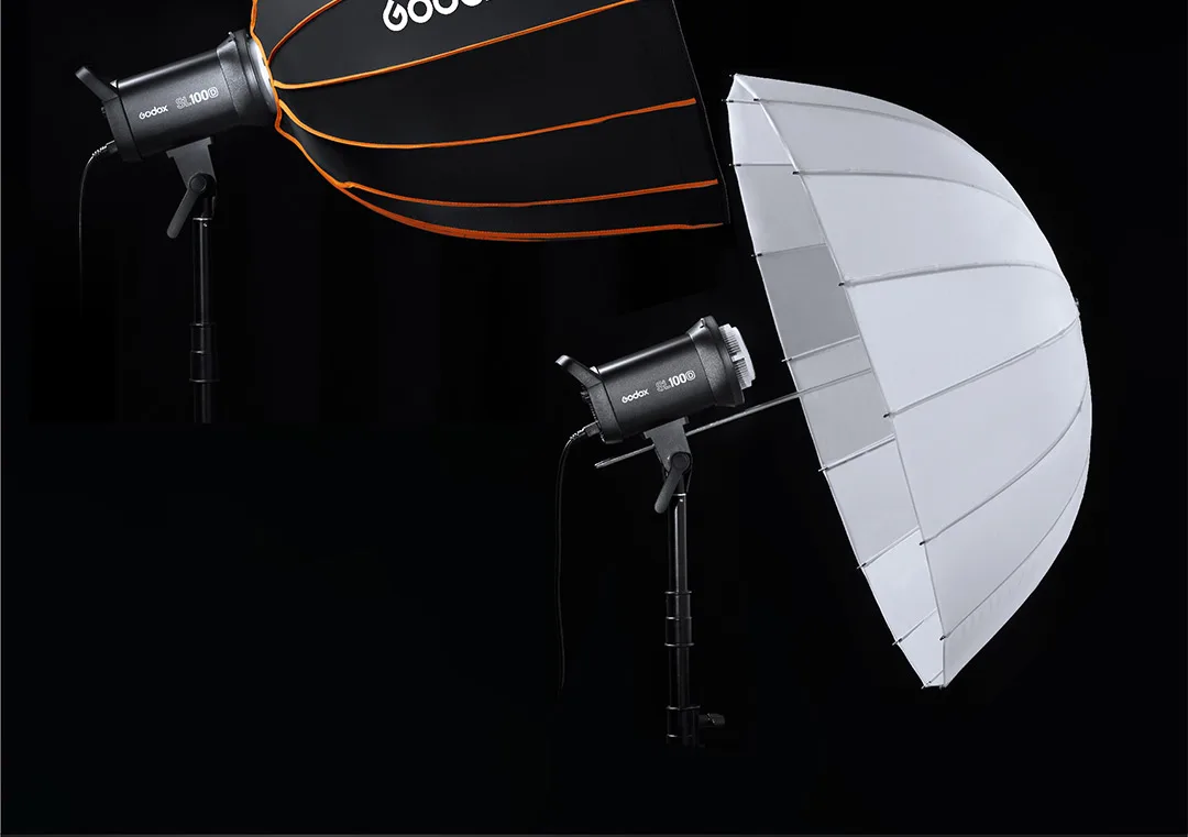 Godox SL100Bi ngàm Bowens gắn softbox và dù parabol